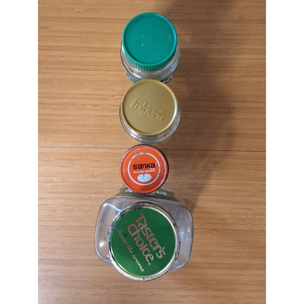 Vintage Coffee Jar Lot Folgers Tasters Choice Sanka Glass Jars with Lids 4pc